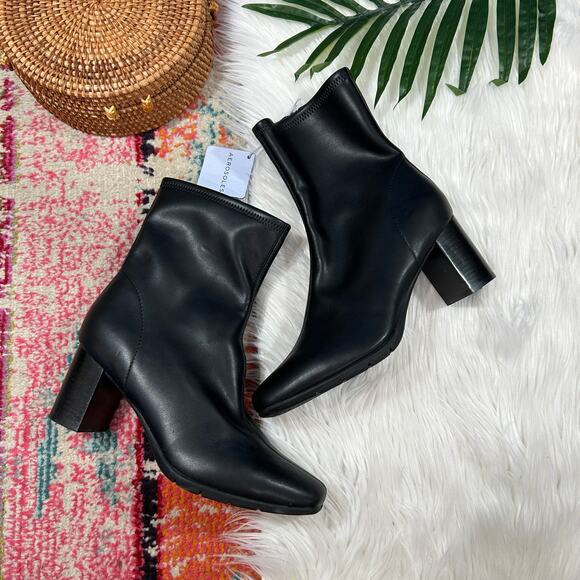 NEW Aerosoles Neutral Black Square Toe Faux Leather Heeled Miley Boot 8.5 - Picture 1 of 10